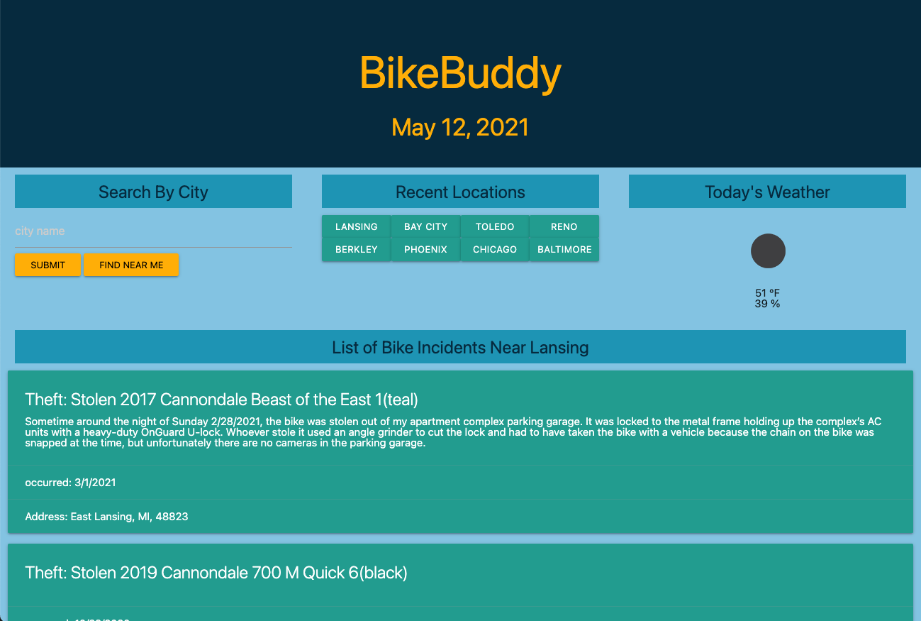 screenshot of bikebuddy application