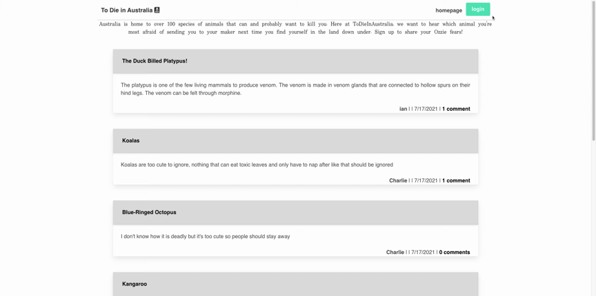 screenshot of todieinaustralia application